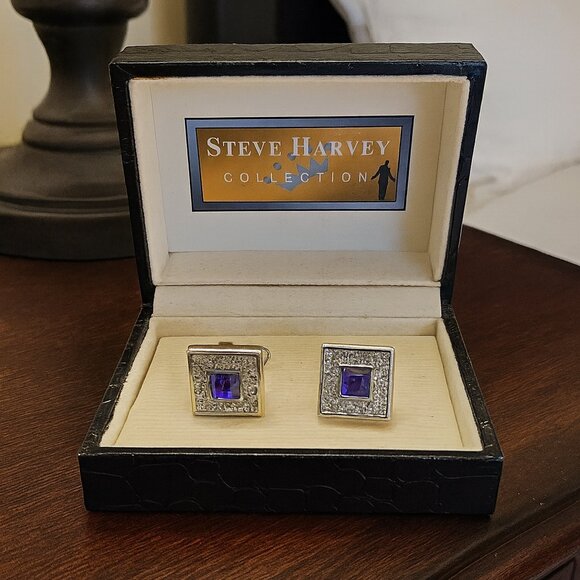 Y2K mens silver cufflinks purple stone Steve Harvey gift box vintage formal wear - Picture 1 of 6